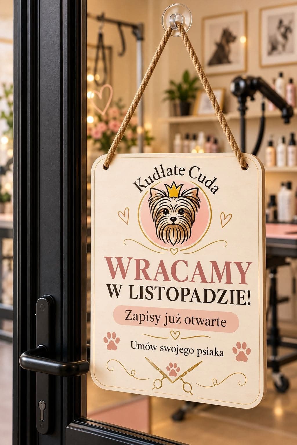 Tablica na drzwiach salonu Kudłate Cuda z napisem: Wracamy w listopadzie! Zapisy już otwarte. Umów swojego psiaka.